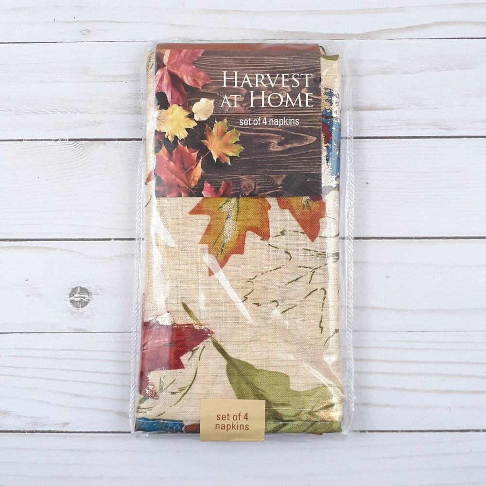 Fabric Dinner Napkins Fall Leaves Gold Accents 17x17 inch Set of 4